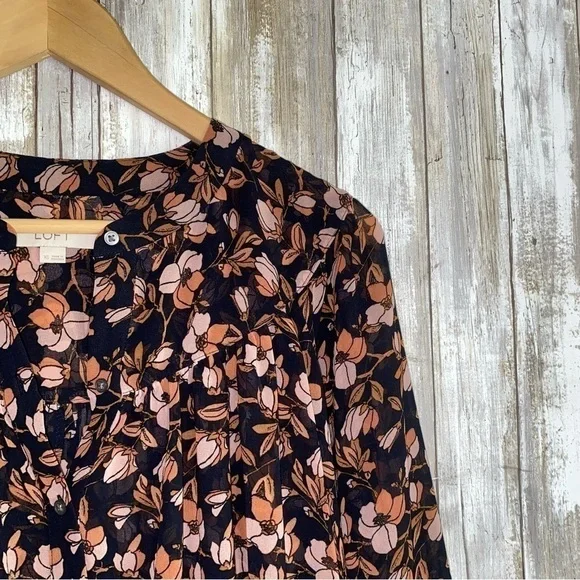 Loft Dark Floral Sheer Button High Low Blouse - Picture 6 of 6